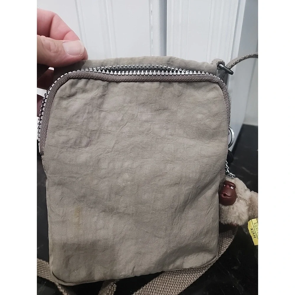 Kipling Crossbody Shoulder Bag Tan Nylon with Plush Monkey Keychain 